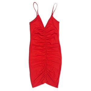 NWT red stretch jersey mini dress with ruching and spaghetti straps (small)